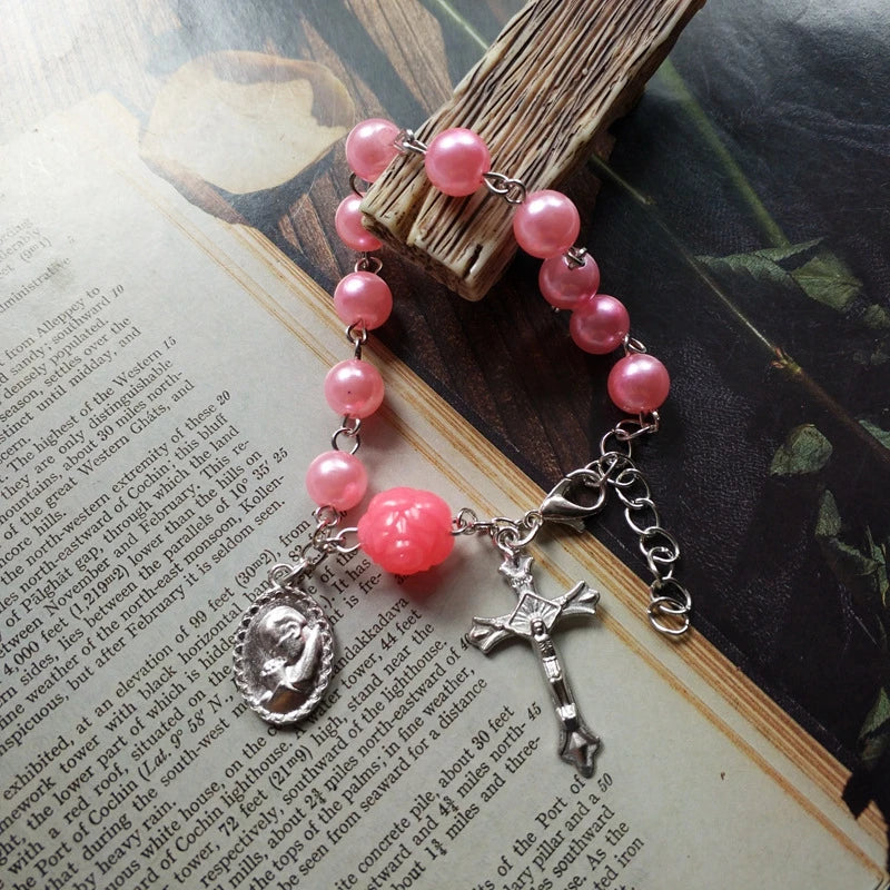 Acrylic Imitation Pearl Bracelets Cross Pendant Pink White Rose Religious Pray Jewelry Gift