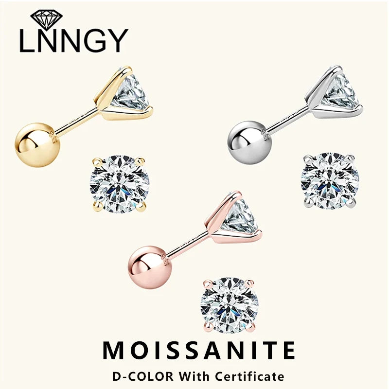 Lnngy 6.5mm 1CT Moissanite Diamond Earring Pendientes 925 Sterling Silver Piercing Stud Earrings For Women Pierced  Jewelry