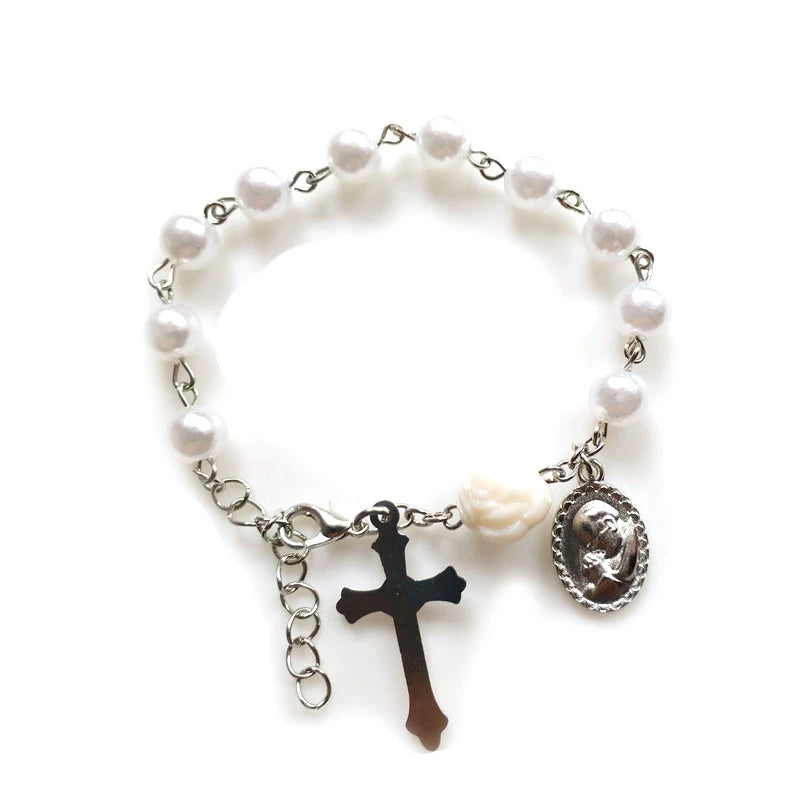 Acrylic Imitation Pearl Bracelets Cross Pendant Pink White Rose Religious Pray Jewelry Gift