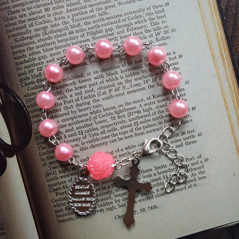 Acrylic Imitation Pearl Bracelets Cross Pendant Pink White Rose Religious Pray Jewelry Gift