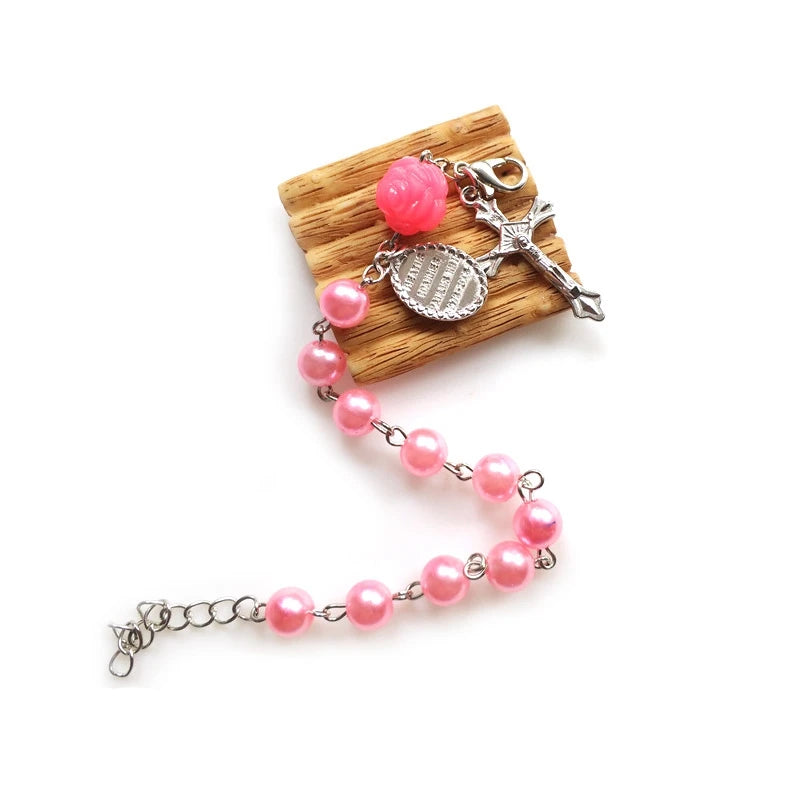 Acrylic Imitation Pearl Bracelets Cross Pendant Pink White Rose Religious Pray Jewelry Gift