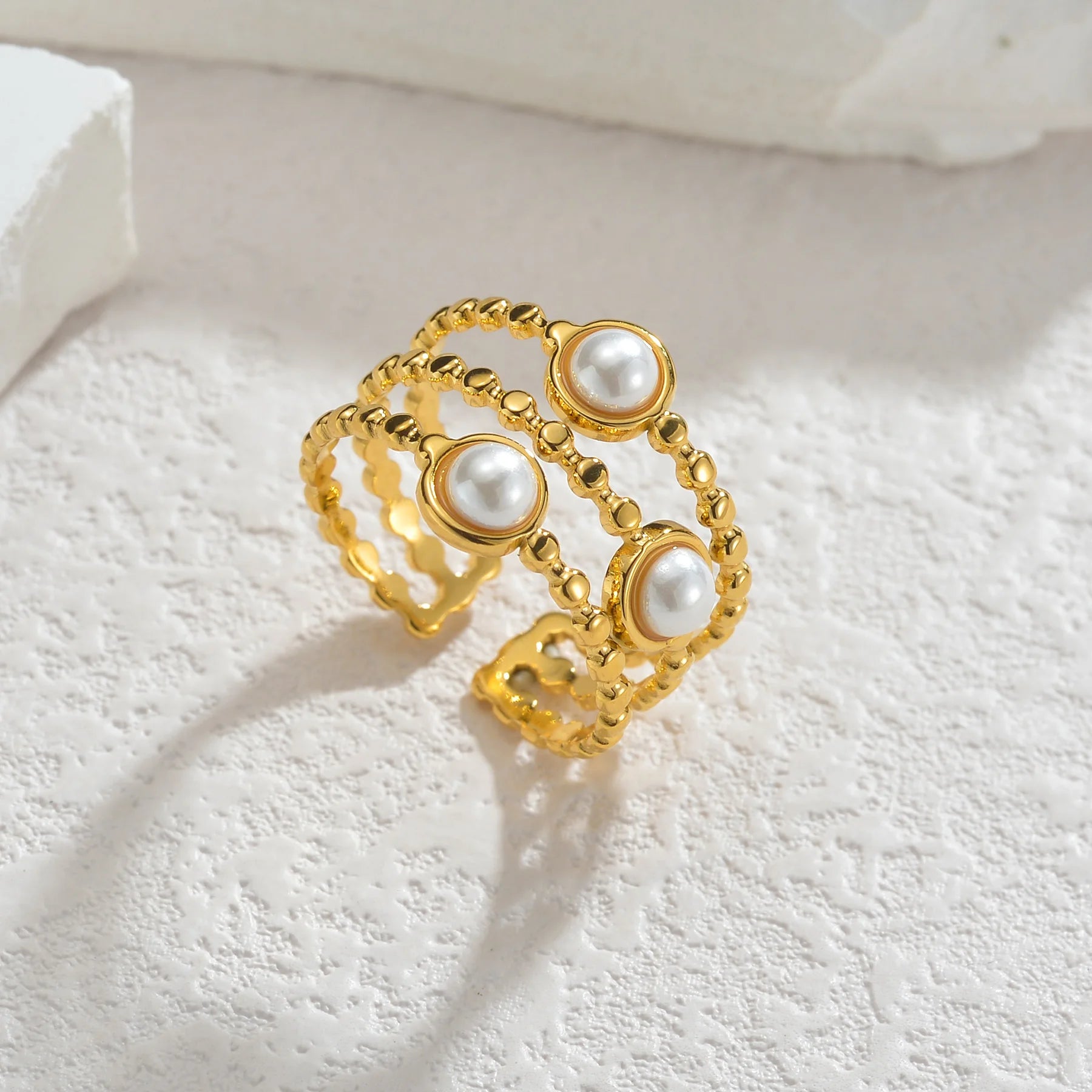 Seakissky High-quality Stainless Steel Gold Color Waterproof Natural Stone Jewelry Gift French Vintage Heavy Open Ring For Women