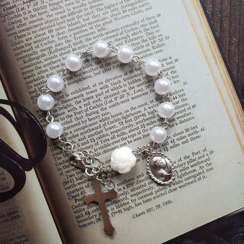 Acrylic Imitation Pearl Bracelets Cross Pendant Pink White Rose Religious Pray Jewelry Gift