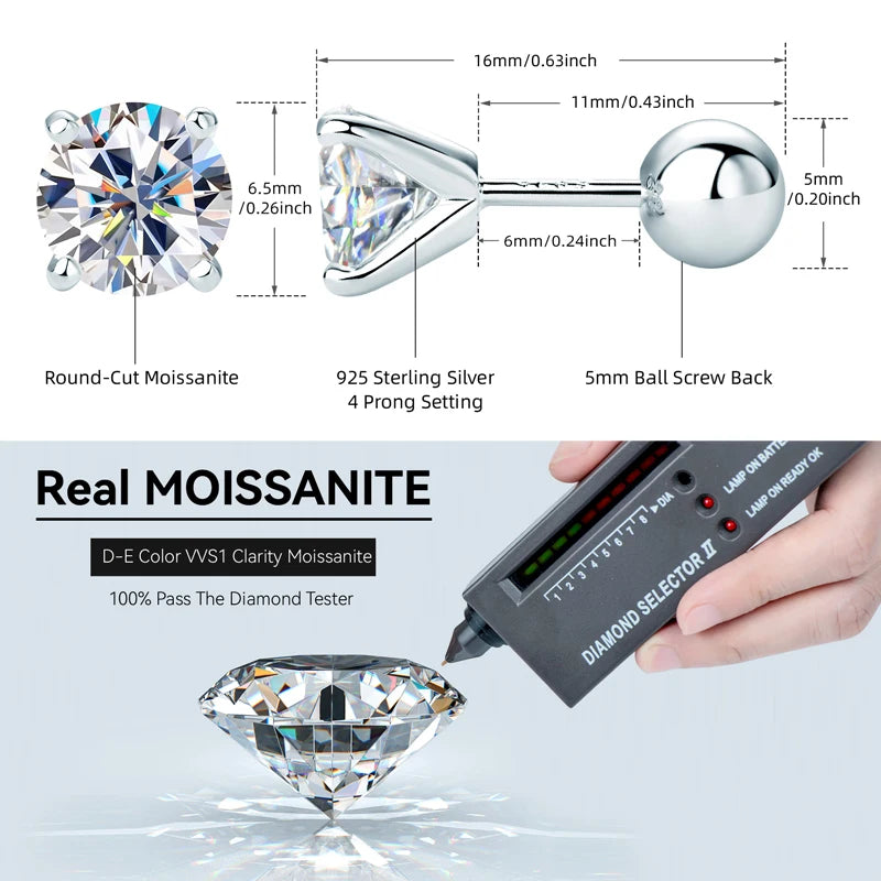 Lnngy 6.5mm 1CT Moissanite Diamond Earring Pendientes 925 Sterling Silver Piercing Stud Earrings For Women Pierced  Jewelry