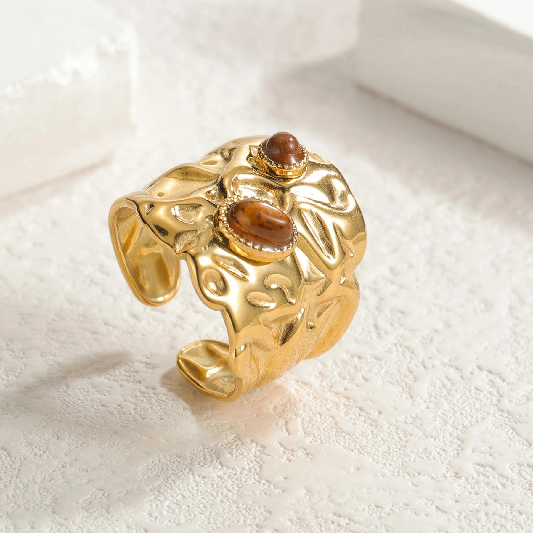 Seakissky High-quality Stainless Steel Gold Color Waterproof Natural Stone Jewelry Gift French Vintage Heavy Open Ring For Women