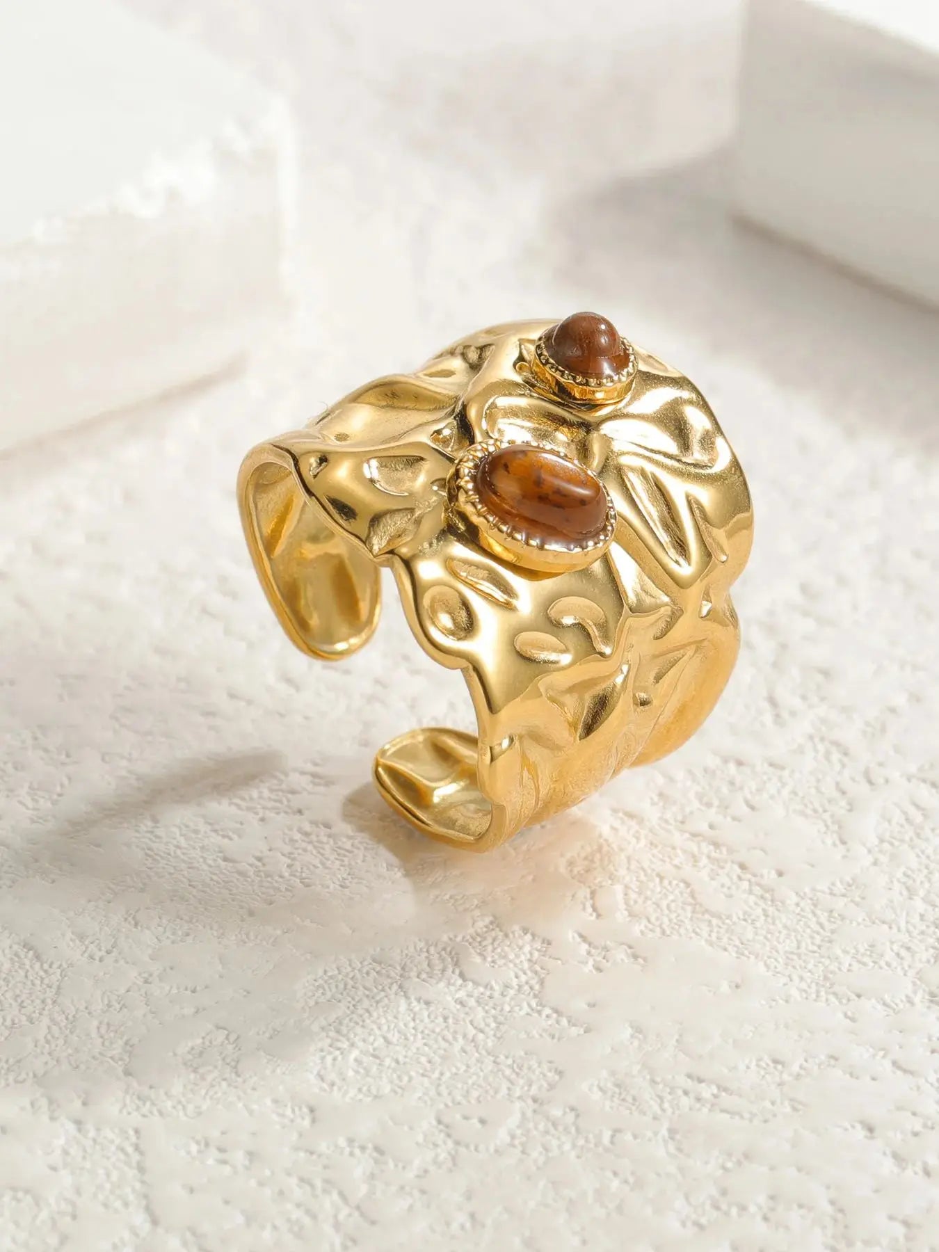 Seakissky High-quality Stainless Steel Gold Color Waterproof Natural Stone Jewelry Gift French Vintage Heavy Open Ring For Women
