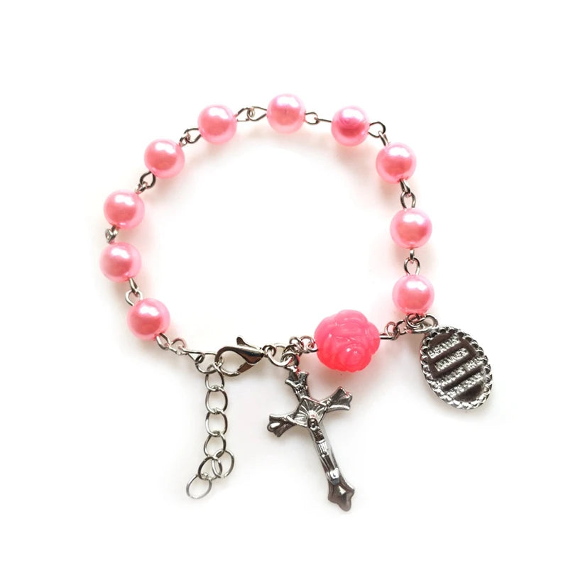 Acrylic Imitation Pearl Bracelets Cross Pendant Pink White Rose Religious Pray Jewelry Gift